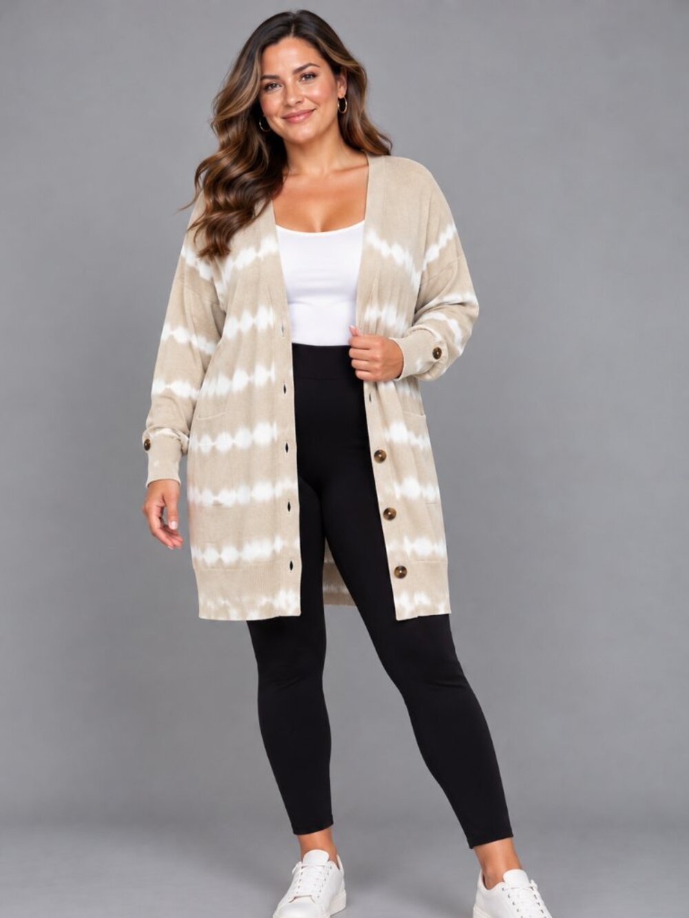 Sanctuary Tie Dye Longline Cardigan Beige Cream Button Front 2X Boho